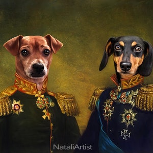 May include: Two dogs dressed in military uniforms with gold trim and medals. The dog on the left is brown and white, and the dog on the right is black and brown. The background is a dark green.