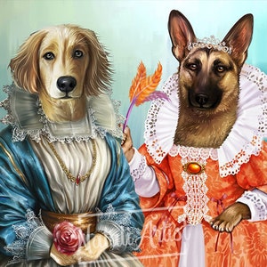 May include: Two dogs dressed in elaborate Renaissance-style clothing. The dog on the left is a golden retriever wearing a blue and white dress with a gold necklace and a rose in its paw. The dog on the right is a German Shepherd wearing an orange and white dress with a crown and a feather in its paw.
