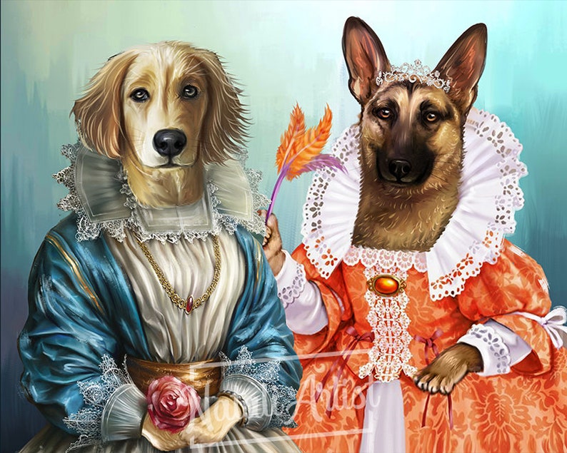 May include: Two dogs dressed in elaborate Renaissance-style clothing. The dog on the left is a golden retriever wearing a blue and white dress with a gold necklace and a rose in its paw. The dog on the right is a German Shepherd wearing an orange and white dress with a crown and a feather in its paw.