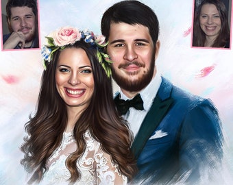 Custom Watercolor Family Portrait - Canvas Wedding Couple - Merging Multiple Photos