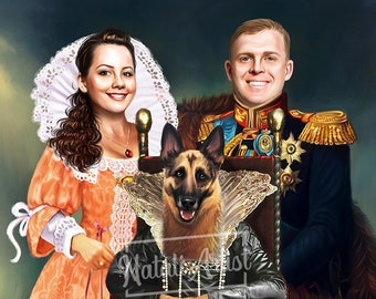 Custom Renaissance Family Portrait with Regal Pet Queen - Personalized from Photo