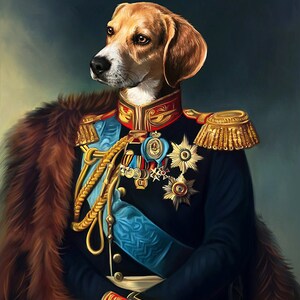 May include: A Beagle dog dressed in a military uniform with a fur collar, gold trim, and medals. The dog is wearing a blue sash and has a serious expression.