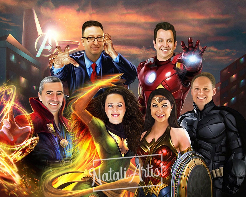 Superheroes Family Portrait - Custom cartoon portrait, custom caricature, personalized gift, gift for family, Digital superhero,  Comics