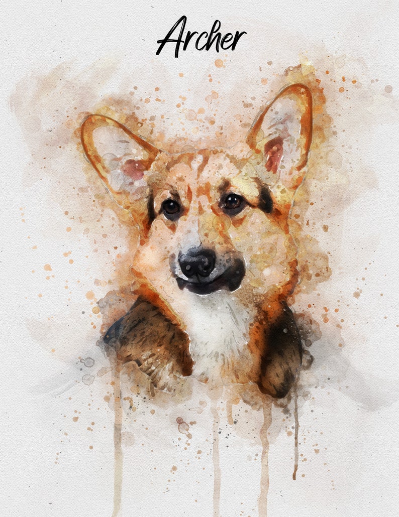 May include: Watercolor painting of a brown and white dog with the name "Archer" written above it.