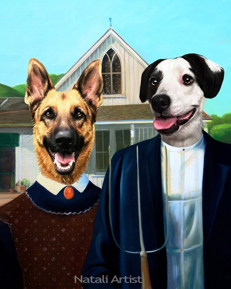May include: A painting of two dogs dressed in human clothing. The dog on the left is a German Shepherd wearing a brown dress with a white collar and a red brooch. The dog on the right is a black and white dog wearing a blue suit, white shirt, and a white collar. The dogs are standing in front of a white house with a green roof.