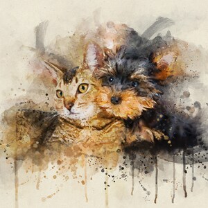 May include: A watercolor painting of a cat and a dog. The cat is brown and tan with green eyes. The dog is black and brown with a white chest. The animals are close together, and their heads are touching. The background is a light brown with splashes of color.