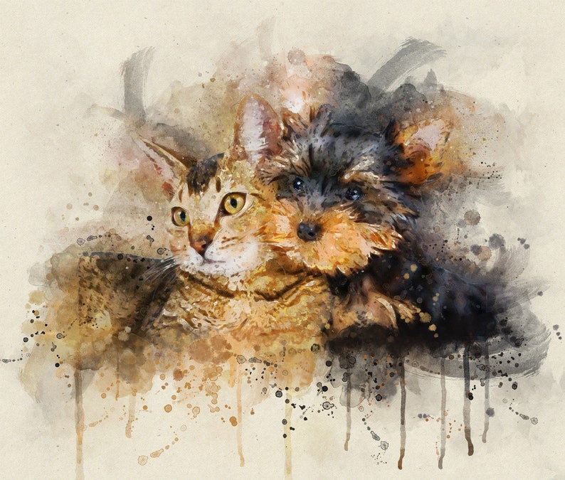 May include: A watercolor painting of a cat and a dog. The cat is brown and tan with green eyes. The dog is black and brown with a white chest. The animals are close together, and their heads are touching. The background is a light brown with splashes of color.