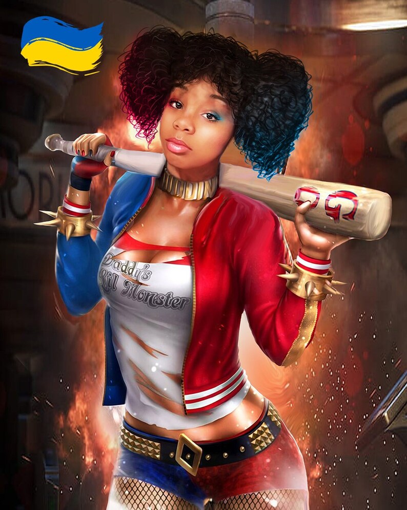 May include: A woman dressed as Harley Quinn, wearing a red and blue costume with a white shirt that says "Daddy's Lil Monster". She is holding a baseball bat with the number "99" written on it. The background is a blurry image of a city street with flames.