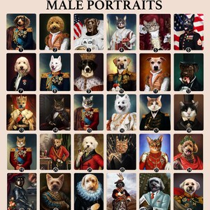 May include: A collage of 30 images featuring various animals dressed in regal attire. Each image is framed in a gold-colored frame and numbered. The animals are mostly dogs and cats, with a few other animals like a rabbit and a bird. The animals are wearing a variety of clothing, including suits, dresses, and military uniforms. The images are arranged in a grid pattern.