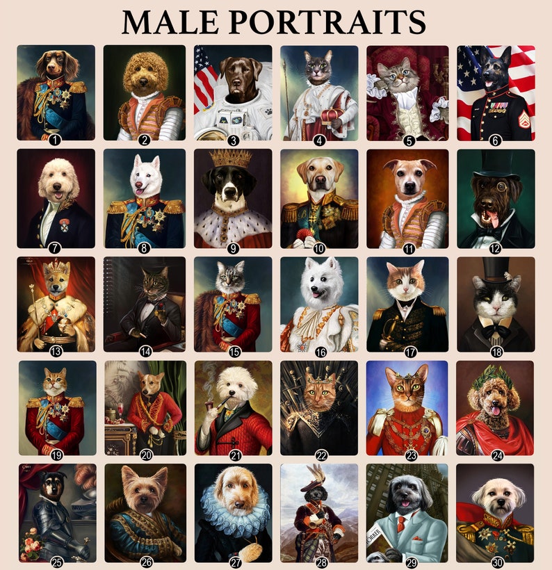 May include: A collage of 30 images featuring various animals dressed in regal attire. Each image is framed in a gold-colored frame and numbered. The animals are mostly dogs and cats, with a few other animals like a rabbit and a bird. The animals are wearing a variety of clothing, including suits, dresses, and military uniforms. The images are arranged in a grid pattern.