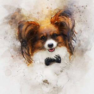 May include: A watercolor painting of a brown and white papillon dog wearing a black bow tie. The dog is looking at the camera with a happy expression. The painting is titled "Angel".