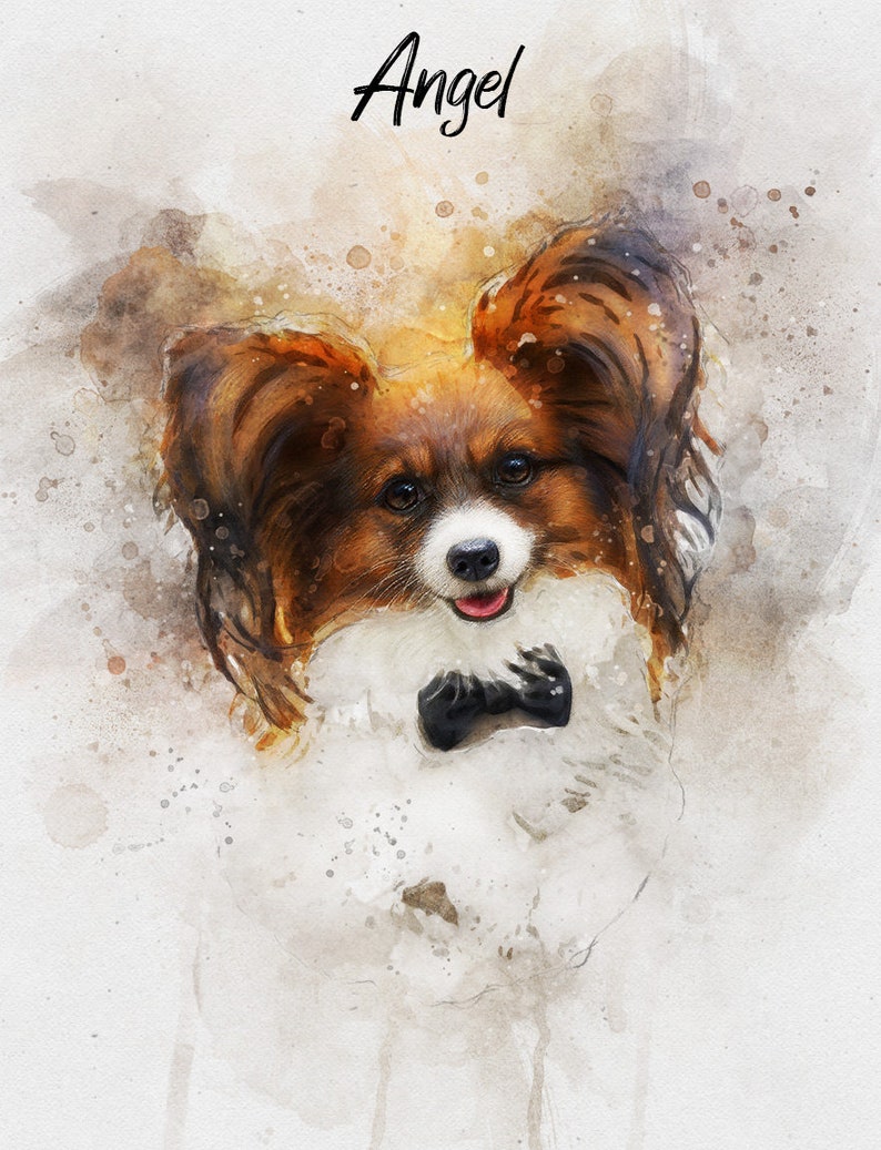 May include: A watercolor painting of a brown and white papillon dog wearing a black bow tie. The dog is looking at the camera with a happy expression. The painting is titled "Angel".