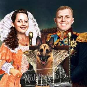 Pode incluir: Uma pintura digital de um casal vestido com trajes reais, com um c&atilde;o sentado em um trono entre eles. A mulher est&aacute; usando um colar de renda branca e um vestido cor de p&ecirc;ssego. O homem est&aacute; usando um uniforme militar azul e dourado. O c&atilde;o &eacute; um pastor alem&atilde;o marrom e preto.