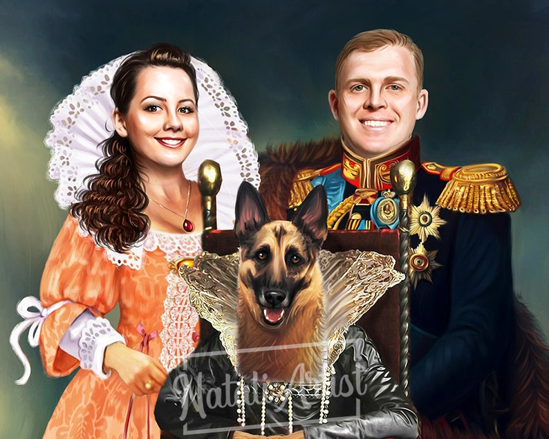 Pode incluir: Uma pintura digital de um casal vestido com trajes reais, com um c&atilde;o sentado em um trono entre eles. A mulher est&aacute; usando um colar de renda branca e um vestido cor de p&ecirc;ssego. O homem est&aacute; usando um uniforme militar azul e dourado. O c&atilde;o &eacute; um pastor alem&atilde;o marrom e preto.