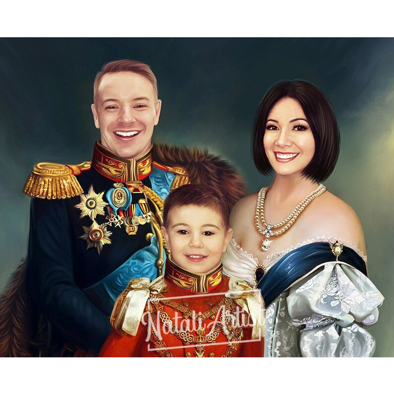 May include: A family portrait in a royal style, featuring a man in a blue and gold military uniform, a woman in a white and blue gown, and a young boy in a red and gold uniform. The man has a mustache and a beard, and the woman has long dark hair. The boy is smiling.