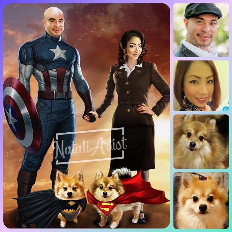 May include: A digital painting of a couple dressed as Captain America and a 1940s woman, holding hands. Two small dogs are dressed as Superman and Batman. The text "Natali Artist" is visible in the image.