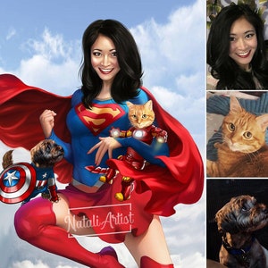 May include: A woman dressed as Superwoman with a red cape and blue suit, holding a cat dressed as Iron Man. A small dog wearing a Captain America costume is in the foreground. The image is a digital illustration.