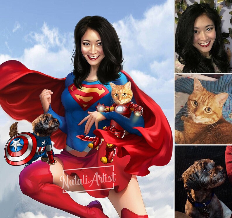 May include: A woman dressed as Superwoman with a red cape and blue suit, holding a cat dressed as Iron Man. A small dog wearing a Captain America costume is in the foreground. The image is a digital illustration.