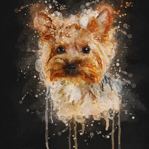 May include: A watercolor painting of a Yorkshire Terrier dog with brown and gold fur. The dog's name, "Daisy", is written in white above the dog's head.