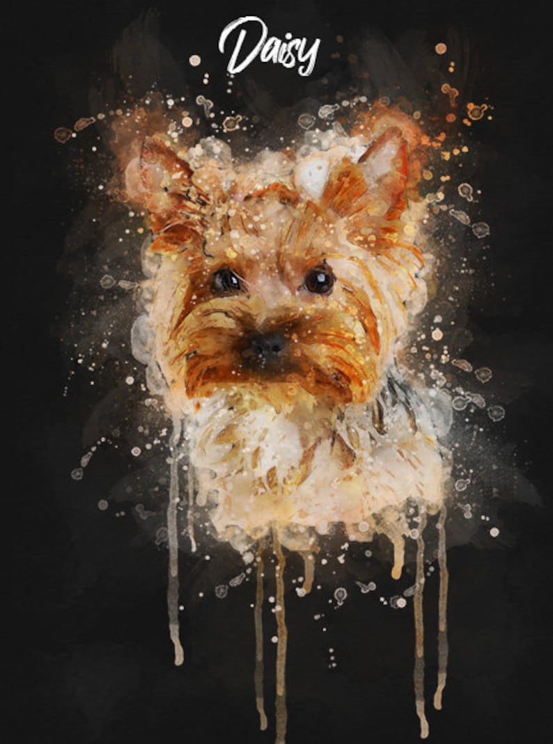 May include: A watercolor painting of a Yorkshire Terrier dog with brown and gold fur. The dog's name, "Daisy", is written in white above the dog's head.