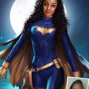 May include: A digital painting of a woman dressed as a superhero. She is wearing a blue and gold costume with a bat symbol on the chest. She has long curly brown hair and is standing in front of a full moon. The image includes the artist's signature "Natali Artist".