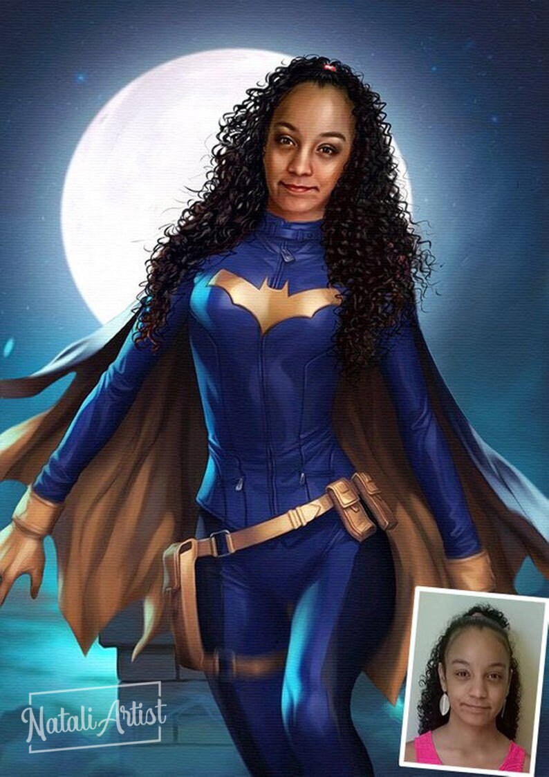 May include: A digital painting of a woman dressed as a superhero. She is wearing a blue and gold costume with a bat symbol on the chest. She has long curly brown hair and is standing in front of a full moon. The image includes the artist's signature "Natali Artist".