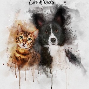 May include: A watercolor painting of a black and white dog and a brown tabby cat. The dog is on the right side of the image and the cat is on the left. The painting is set against a white background with splashes of color.