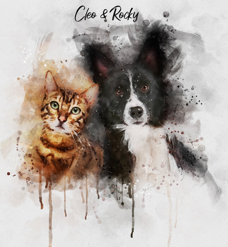 May include: A watercolor painting of a black and white dog and a brown tabby cat. The dog is on the right side of the image and the cat is on the left. The painting is set against a white background with splashes of color.