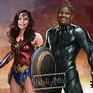 Superhero Family portrait, Personalized Superhero Couple, Couple Superhero Portrait, Caricature from photo, Custom Portrait