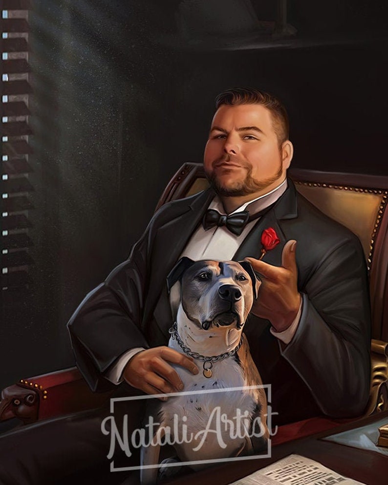 May include: A man in a black tuxedo with a bow tie and a red rose sits in a chair with a white and brown dog. The man is looking at the camera with a serious expression. The dog is sitting on the man's lap and looking at the camera. The background is a dark room with a window in the background.