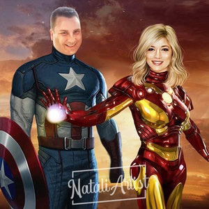 May include: A digital painting of a couple dressed as superheroes. The man is dressed as Captain America, wearing a blue, red and white costume with a star on his chest. The woman is dressed as Iron Man, wearing a red and gold suit with a glowing arc reactor on her chest. The background is a sunset sky with clouds.