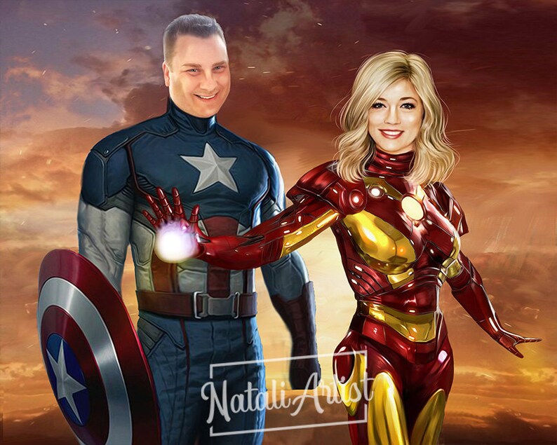 May include: A digital painting of a couple dressed as superheroes. The man is dressed as Captain America, wearing a blue, red and white costume with a star on his chest. The woman is dressed as Iron Man, wearing a red and gold suit with a glowing arc reactor on her chest. The background is a sunset sky with clouds.