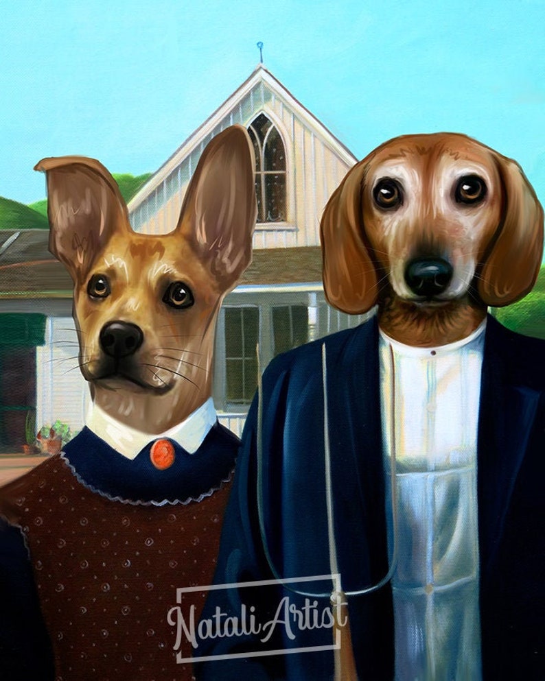 May include: A painting of two dogs dressed in clothing from the American Gothic painting. The dog on the left is a brown and tan terrier mix wearing a brown dress with a blue collar and a red brooch. The dog on the right is a brown dachshund wearing a blue suit, white shirt, and a white collar with a long, thin, white string hanging down. The painting is set in front of a white house with a pointed roof.