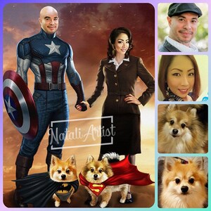 May include: A digital painting of a couple dressed as Captain America and a 1940s woman, holding hands. Two small dogs are dressed as Superman and Batman. The text "Natali Artist" is visible in the image.