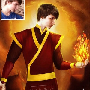May include: A digital painting of a person wearing a red and yellow outfit, holding a ball of fire in their right hand. The background is a blurred orange and yellow.