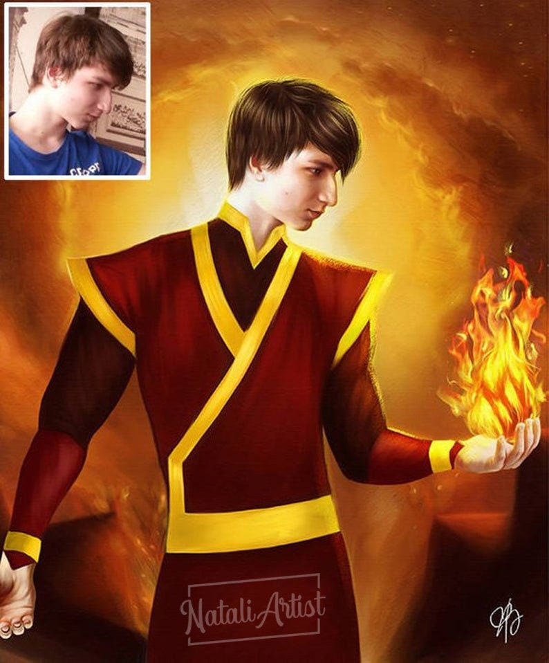 May include: A digital painting of a person wearing a red and yellow outfit, holding a ball of fire in their right hand. The background is a blurred orange and yellow.