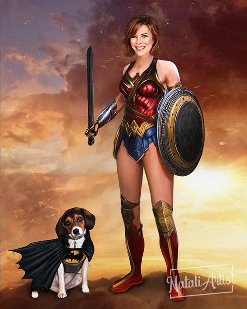 May include: A woman dressed as Wonder Woman stands with a sword and shield. A beagle dog wearing a Batman costume sits in front of her. The background is a sunset sky with clouds.