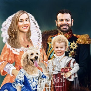 Pode incluir: Um retrato de fam&iacute;lia em estilo real, com uma mulher em um vestido cor de p&ecirc;ssego com um colar de renda branca, um homem em uniforme militar, uma crian&ccedil;a pequena em uma t&uacute;nica real e um c&atilde;o pequeno com um vestido azul.