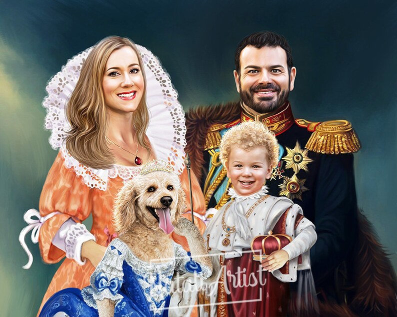 Pode incluir: Um retrato de fam&iacute;lia em estilo real, com uma mulher em um vestido cor de p&ecirc;ssego com um colar de renda branca, um homem em uniforme militar, uma crian&ccedil;a pequena em uma t&uacute;nica real e um c&atilde;o pequeno com um vestido azul.