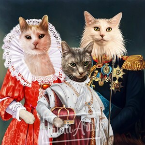 May include: A painting of three cats dressed in royal attire. The cat on the left is wearing a red dress with a white lace collar. The cat in the middle is wearing a white and gold robe with a crown. The cat on the right is wearing a blue and gold military uniform.