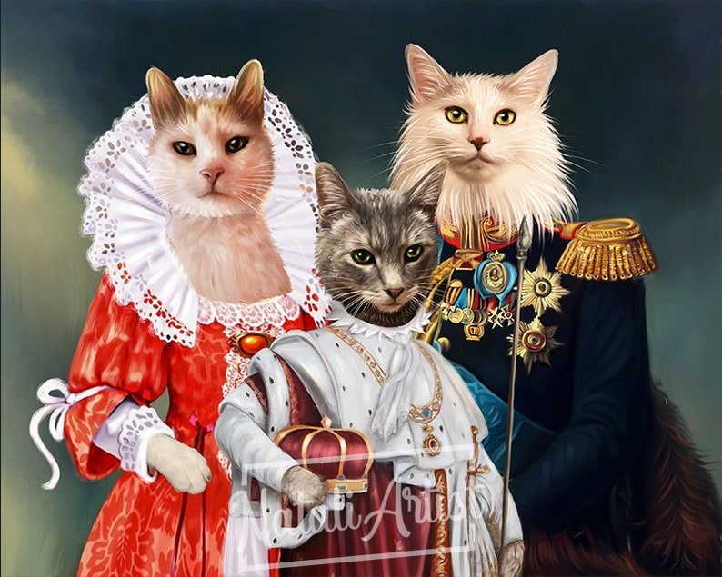 May include: A painting of three cats dressed in royal attire. The cat on the left is wearing a red dress with a white lace collar. The cat in the middle is wearing a white and gold robe with a crown. The cat on the right is wearing a blue and gold military uniform.