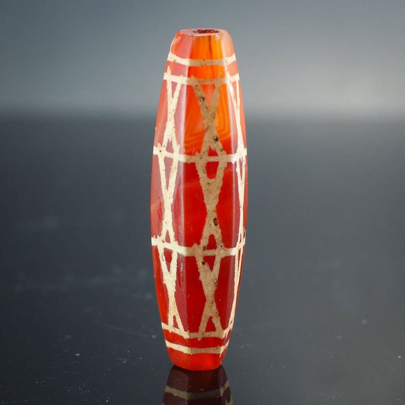 Ancient Pumtek Bead Chin Tribe Sun Ray 6 Etched agatized palm wood patina 14mm
