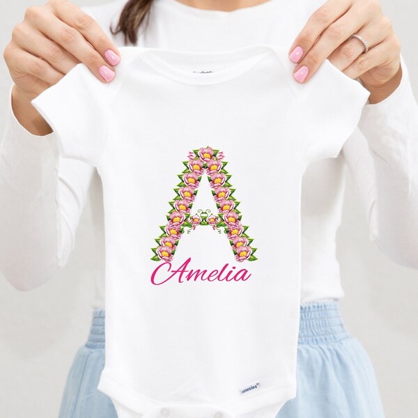 Personalized Baby Girl Onesie® Monogram Toddler Shirt, Custom Name Onesie, Newborn Coming Home Outfit, Initial Baby Clothes, Floral Letter A