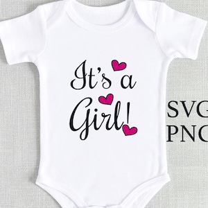 It&#39;s a Girl Onesie PNG, Pregnancy Baby Announcement SVG File, Cricut Gender Reveal Girl, Pink Hearts Baby Shower Gift, Newborn Png Baby Girl