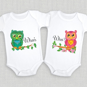 Funny Twin Baby Onesies® Who&#39;s Who Owl Toddler Shirts, Twin Matching Boy Girl Outfits, Twin Theme Baby Shower Gift, Infant Twins Bodysuit