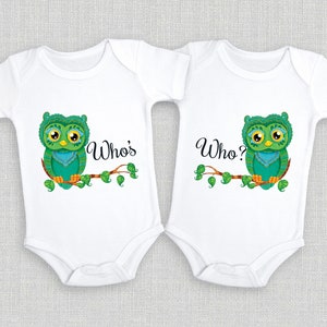 Funny Twin Onesies® Owl Who&#39;s Who Twin Baby Clothes, Kids Toddler Shirt, Twin Pregnancy Announcement Onesies, Infant Twins Matching Outfits