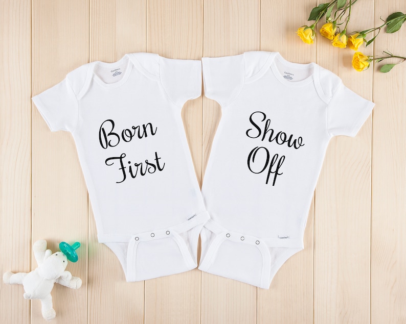 Matching Twin Baby Outfits Newborn Twin Onesies Baby Shower Gift Twin Onesies\u00ae Born First /& Show Off Funny Twin Onesies Twin Baby Clothes