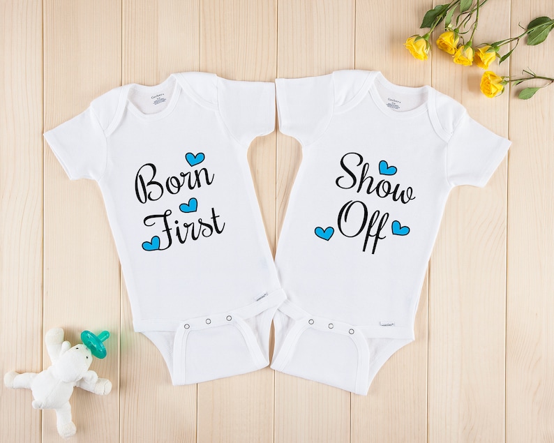 Matching Twin Baby Outfits Newborn Twin Onesies Baby Shower Gift Twin Onesies\u00ae Born First /& Show Off Funny Twin Onesies Twin Baby Clothes