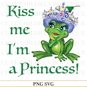 Grappige babymeisje rompertje SVG, kikker peuter shirt png, kus me ik ben prinses baby shower png-bestand, dierenmeisje outfit pasgeboren sublimatie ontwerp
