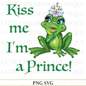 Grappige baby rompertje SVG, kikker peuter shirt png, kus me ik ben prins baby shower png-bestand, Animal Boy outfit pasgeboren sublimatie slabbetje, kinderen